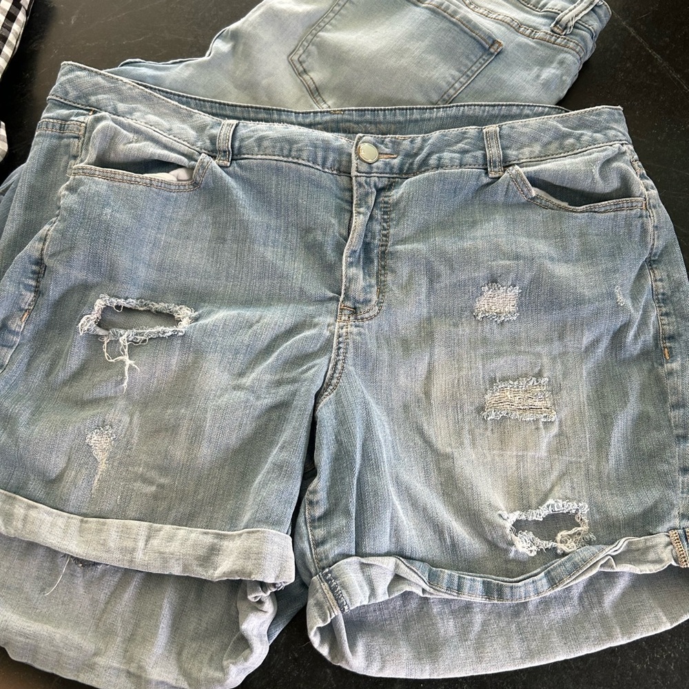 Two for one distressed denim shorts size 20 for garden or craft
